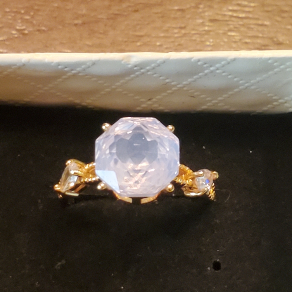 925 Sterling Silver Gold Plated Faceted Crystal Rock Solitaire Adjustable Ring